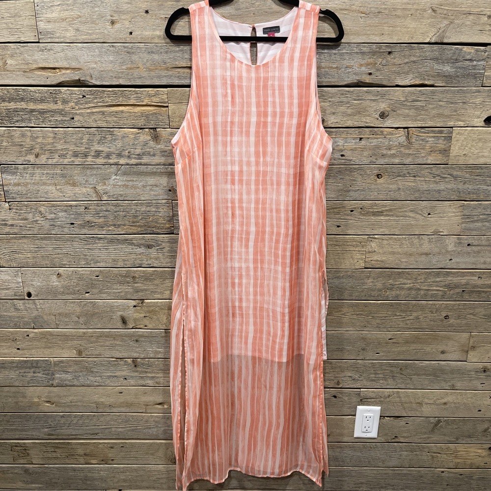 Vince Camuto Women's Pink Water Striped Sleeveless Maxi‎ Dress Size XL Sheer